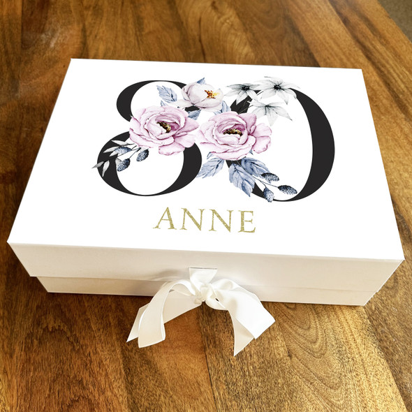 Gold Purple & Baby Blue Floral Any Age 80th Personalised Birthday Gift Box