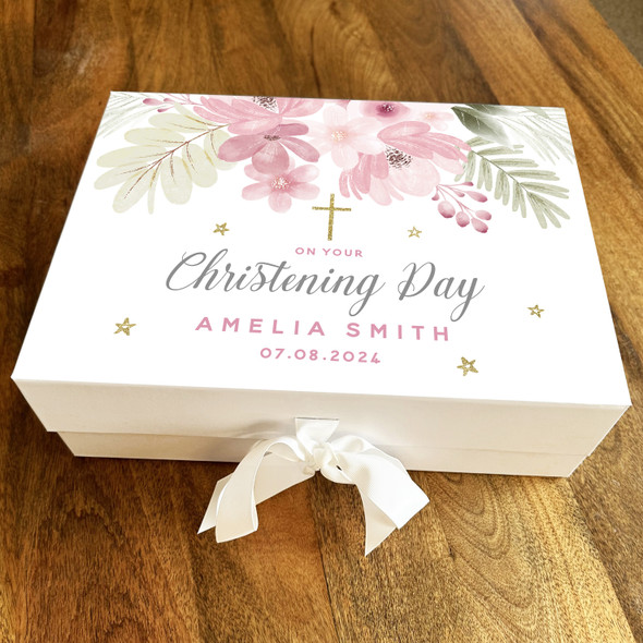 Christening Special Day Girl Pink Flowers Details Keepsake Box