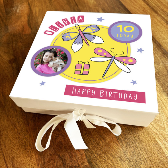 Butterfly Photo Childs Age Pink & Purple Square Personalised Birthday Gift Box