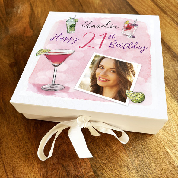 Cocktails Pink Photo Age Square Personalised Keepsake Birthday Gift Box