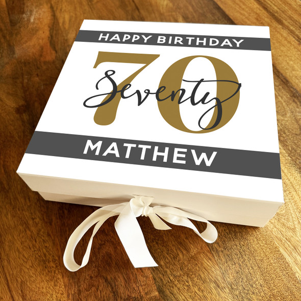 Modern Gold Grey Bold Adult Any Age Square Personalised Birthday Gift Box