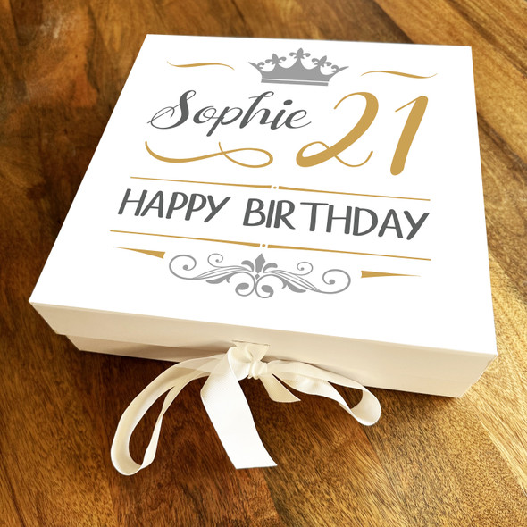 Crown Gold Queen Female Girl Age Personalised Keepsake Birthday Gift Box