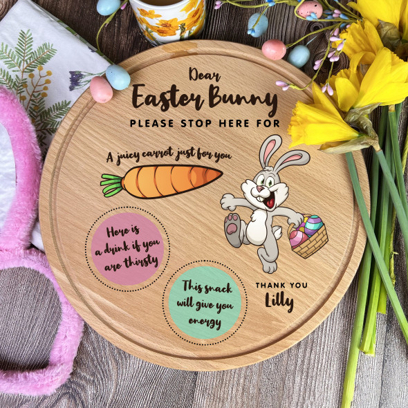 Round Happy Easter Bunny With Easter Eggs Stop Here Personalised Treat Board