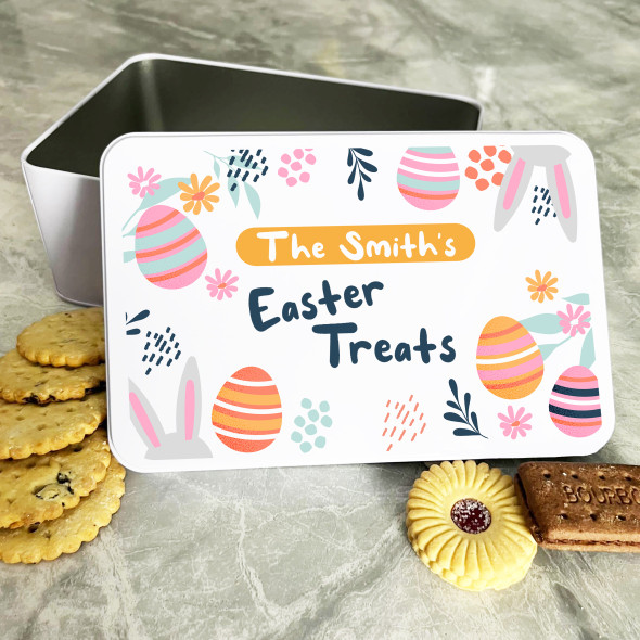 Colourful Easter Eggs & Bunny Ears Personalised Gift Biscuit Sweets Treat Tin