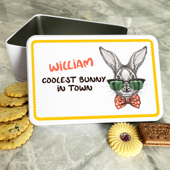 Easter Bunny In Bowtie Personalised Gift Cake Biscuits Sweets Treat Tin