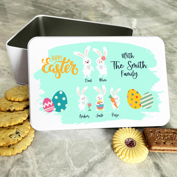 Cute Easter Bunny Family Of 5 Personalised Gift Cake Biscuits Sweets Treat Tin