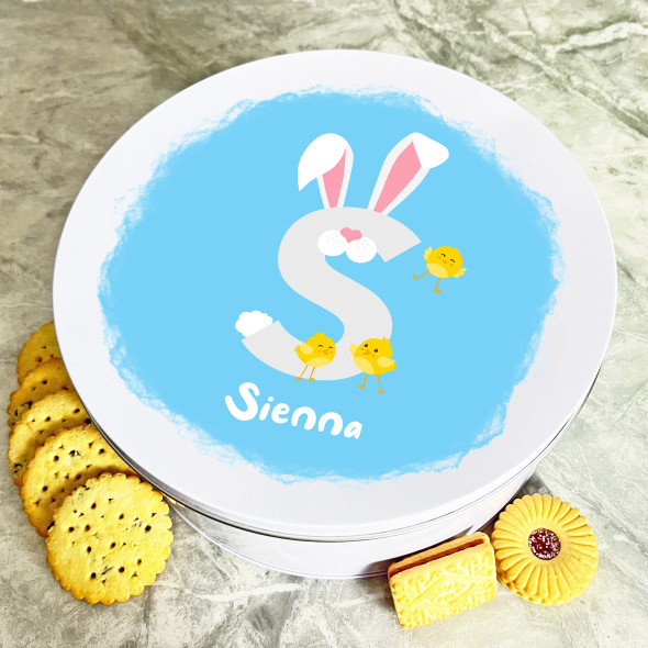Bunny Ears Letter S Round Easter Personalised Gift Biscuit Sweets Treat Tin