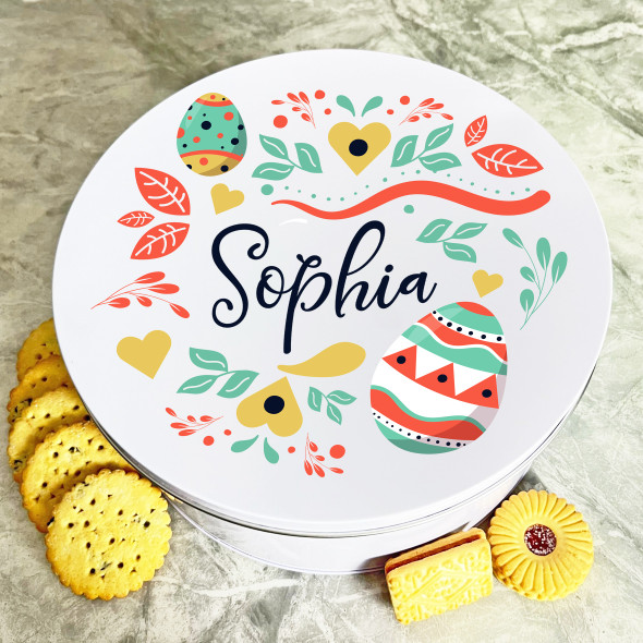 Colourful Easter Eggs Round Personalised Gift Cake Biscuits Sweets Treat Tin