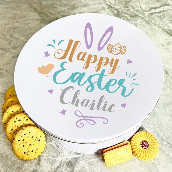 Happy Easter Text Bright Round Personalised Gift Cake Biscuits Sweets Treat Tin