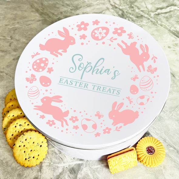 Pink Bunnies Wreath Easter Round Personalised Gift Biscuit Sweets Treat Tin