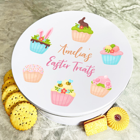 Pink Cupcake Easter Treat Round Personalised Gift Baking Cake Tin