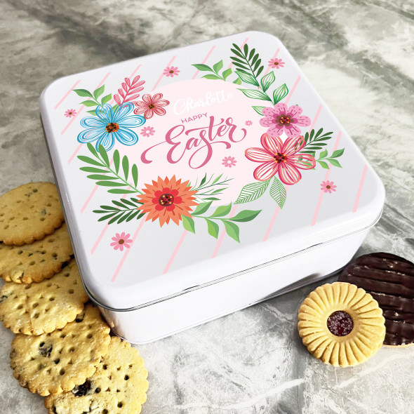Happy Easter Pink Floral Leaves Personalised Gift Cake Biscuits Sweets Treat Tin