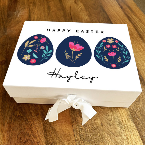 Navy Blue Pink Eggs Happy Easter Personalised Keepsake Hamper Gift Box