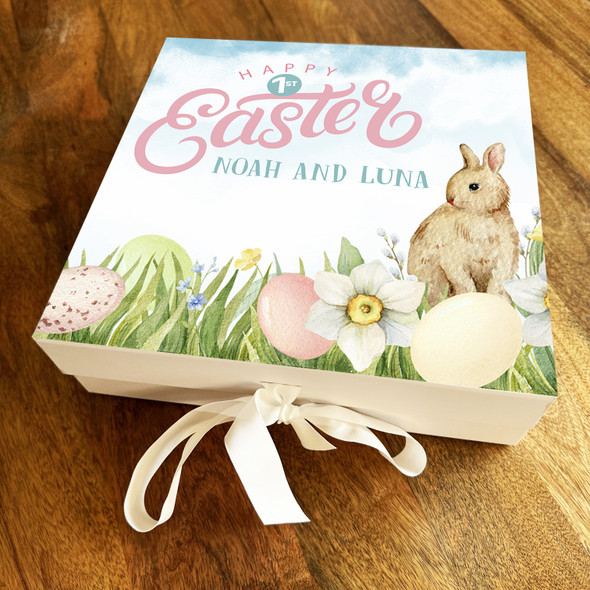 Watercolour Rabbit Happy 1st Easter Personalised Square Keepsake Hamper Gift Box