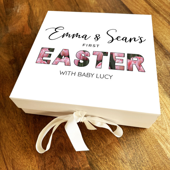Pink Tulips First Easter With Baby Personalised Square Keepsake Hamper Gift Box