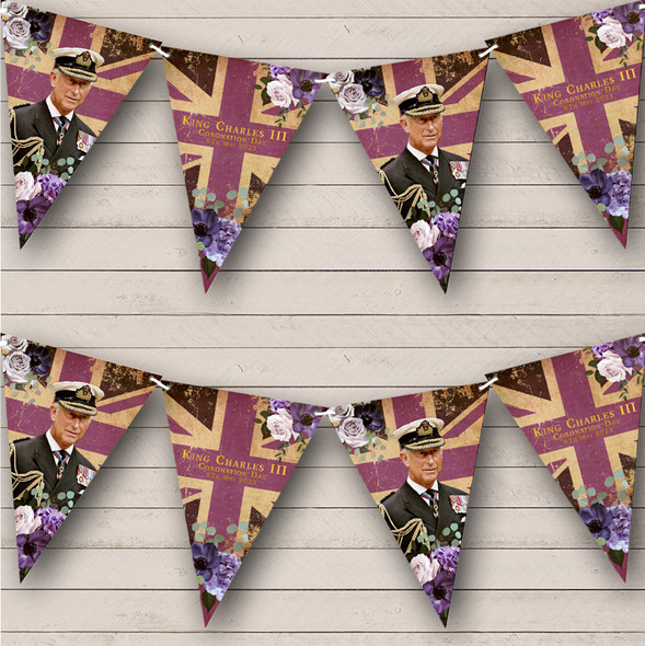 Floral Vintage Purple His Majesty King Charles Coronation Flag Banner Bunting