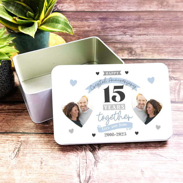 15th Wedding Anniversary Crystal Photo Rectangle Personalised Treat Tin