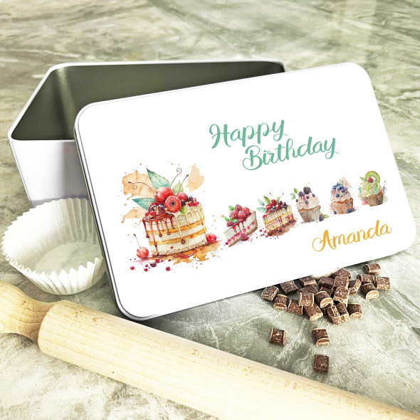 Birthday Watercolour Pretty Bakes Rectangle Personalised Cake Tin