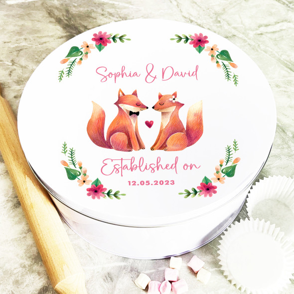 Round Cute Love Foxes Anniversary Personalised Cake Tin