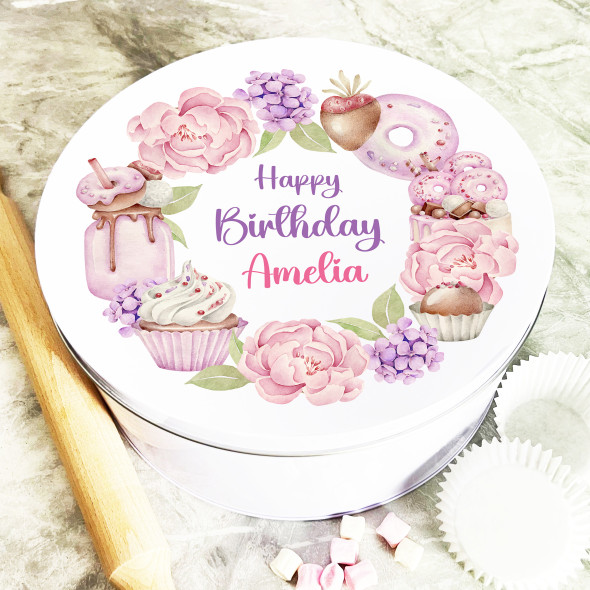 Round Birthday Cake Sweets Pretty Flowers Pink Personalised Cake Tin