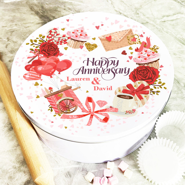 Round Love Icons Red Wreath Anniversary Personalised Cake Tin