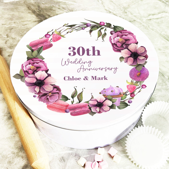 Round Macarons Floral Wreath 30th Wedding Anniversary Personalised Cake Tin
