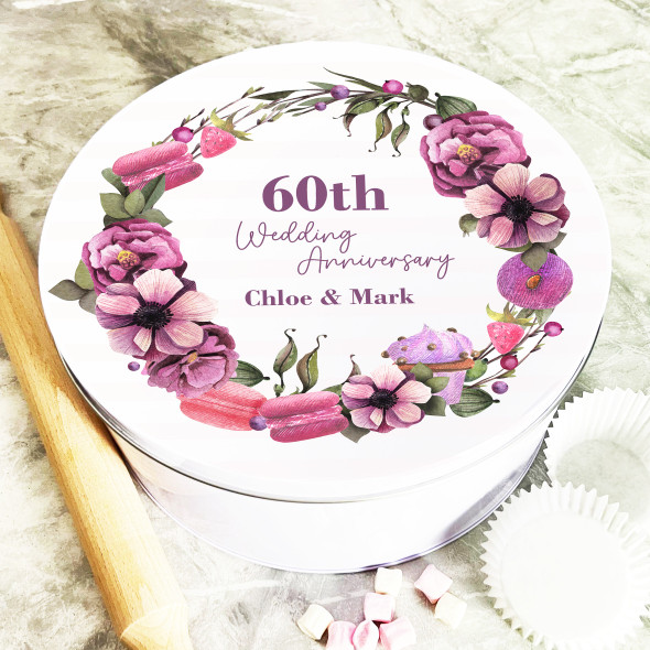 Round Macarons Floral Wreath 60th Wedding Anniversary Personalised Cake Tin