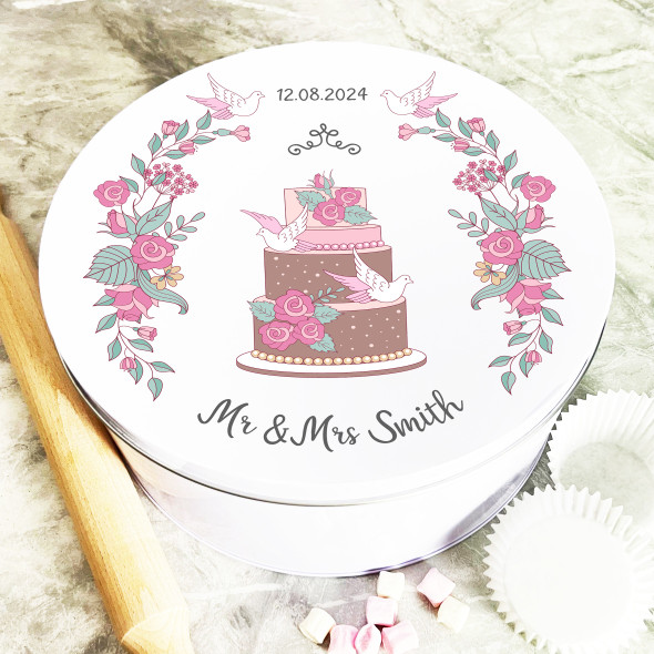 Round Mr & Mrs Wedding Date Doves Pink Personalised Cake Tin