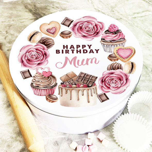 Round Mum Pink Birthday Pastry Wreath Personalised Treat Tin