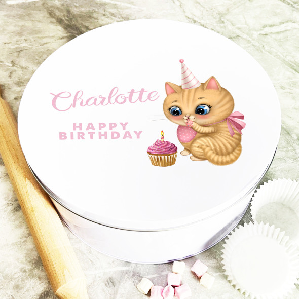 Round Watercolour Pink Cupcake Cat Birthday Personalised Cake Tin