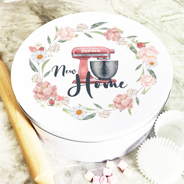 Round Watercolour Pink Mixer New Home Personalised Cake Tin
