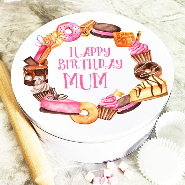 Round Watercolour Treats Happy Birthday Mum Personalised Cake Tin