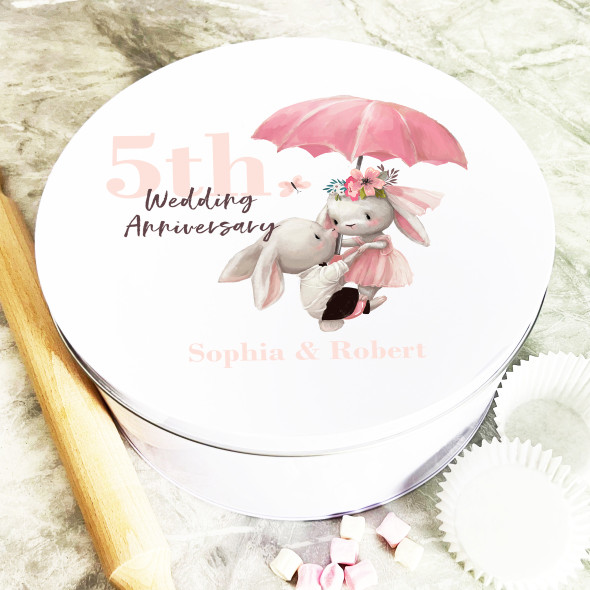 Round Wedding Anniversary Couple Bunnies Personalised Cake Tin