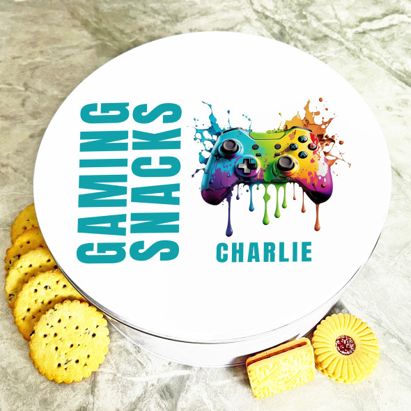 Round Colourful Paint Splash Controller Personalised Treat Tin