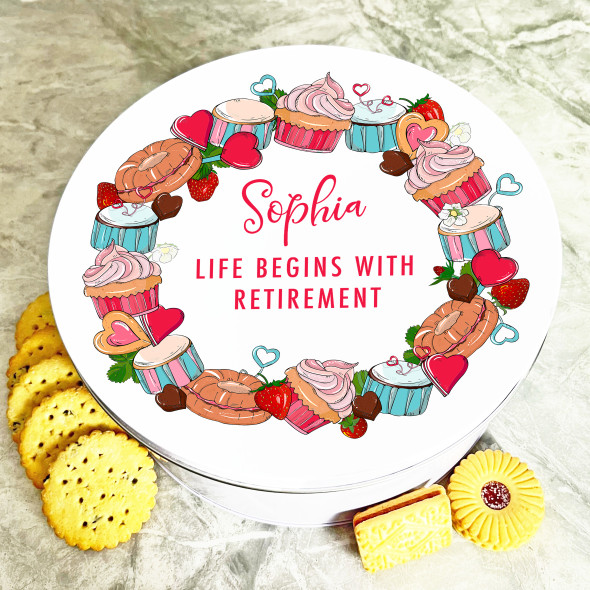 Round Cupcakes Wreath Retirement Personalised Cake Tin