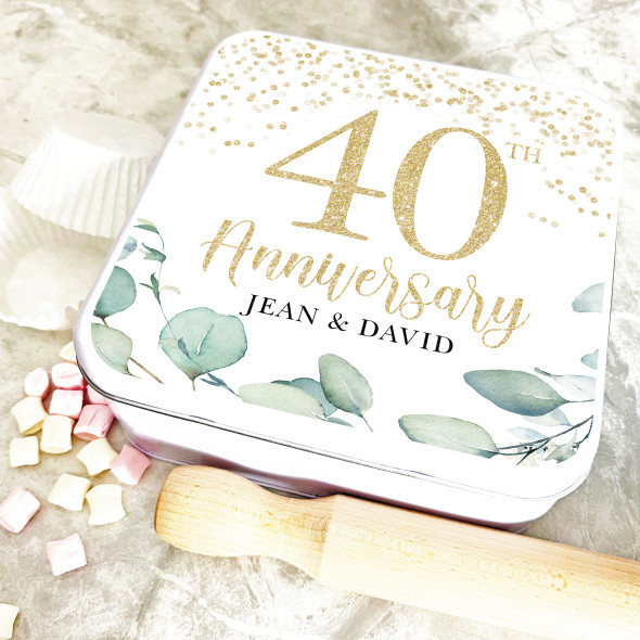 Square 40th Anniversary Gold Sparkle Personalised Treat Tin