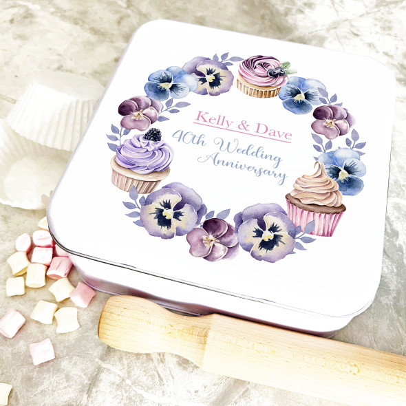 Square Cupcakes & Flowers 40th Wedding Anniversary Personalised Cake Tin
