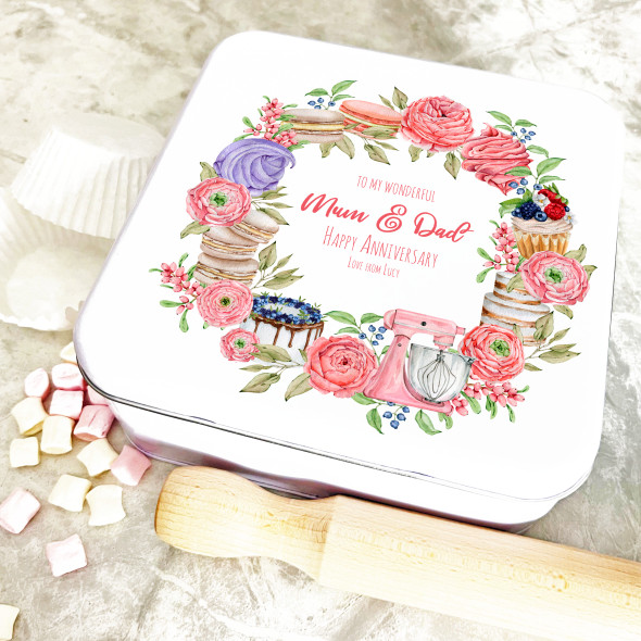 Square Peach Pink Pastry Wreath Anniversary Personalised Cake Tin