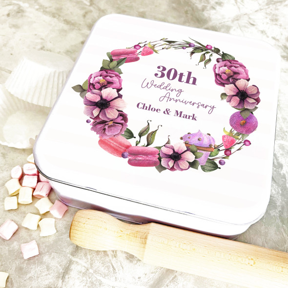 Square Pink Macarons Floral 30th Wedding Anniversary Personalised Cake Tin