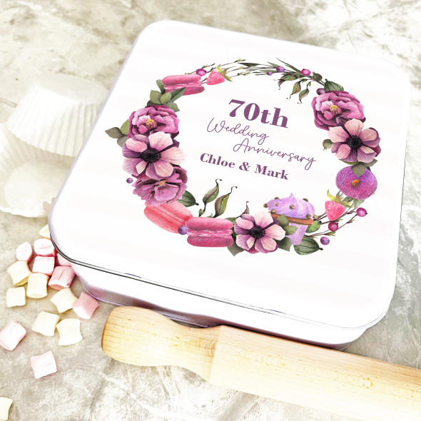 Square Pink Macarons Floral 70th Wedding Anniversary Personalised Cake Tin