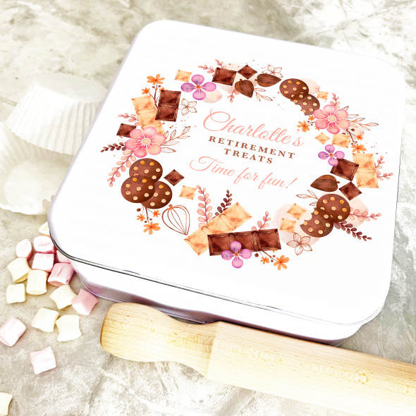 Square Watercolour Floral Chocolate Wreath Retirement Personalised Cake Tin