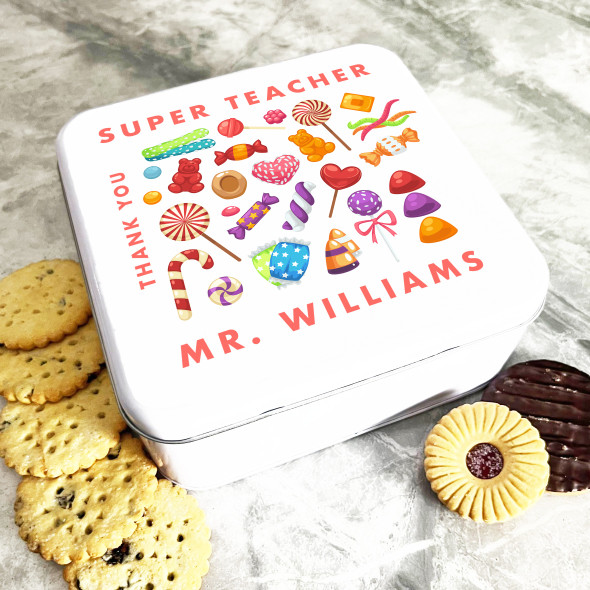 Square Bright Colourful Sweets Set Super Teacher Personalised Treat Tin