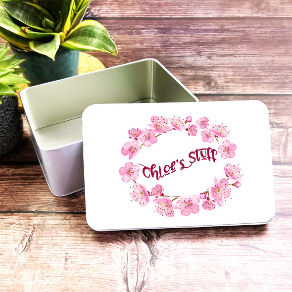 Pink Blossom Floral Frame Personalised Stuff Storage Tin