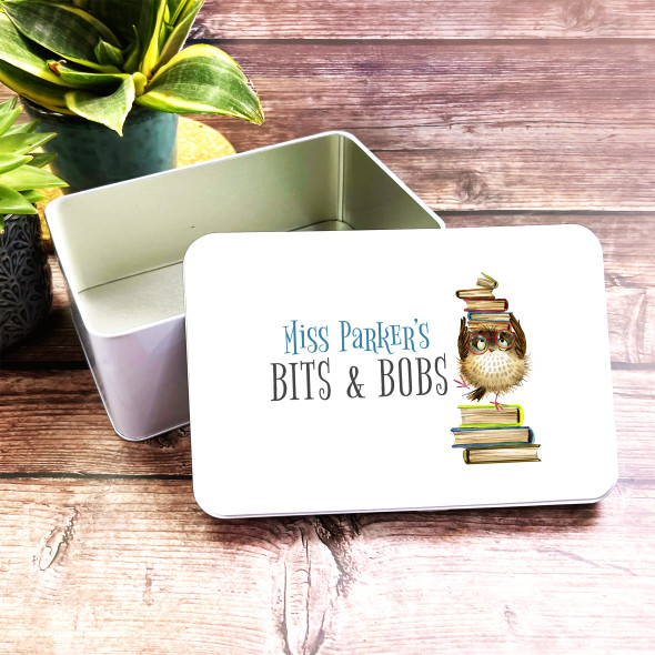 Cute Cartoon Owl Books Bits & Bobs Rectangle Personalised Tin