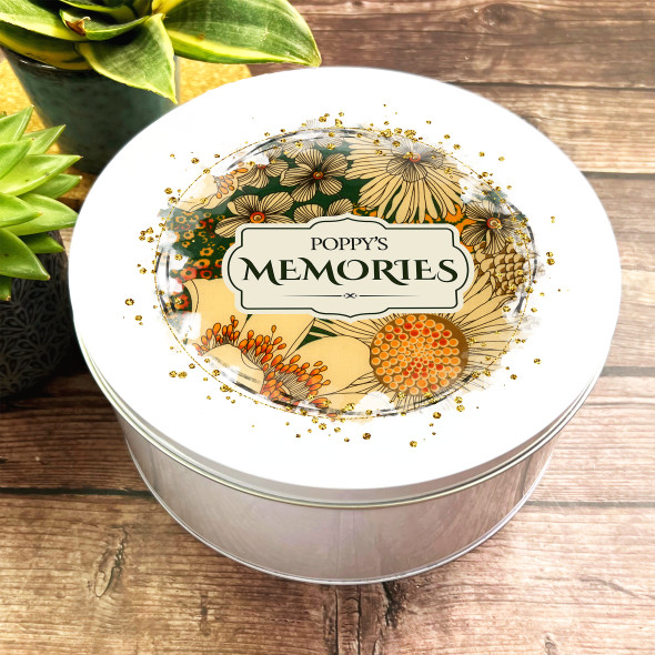 Round Floral Vintage Flowers Gold Keepsake Personalised Memories Tin