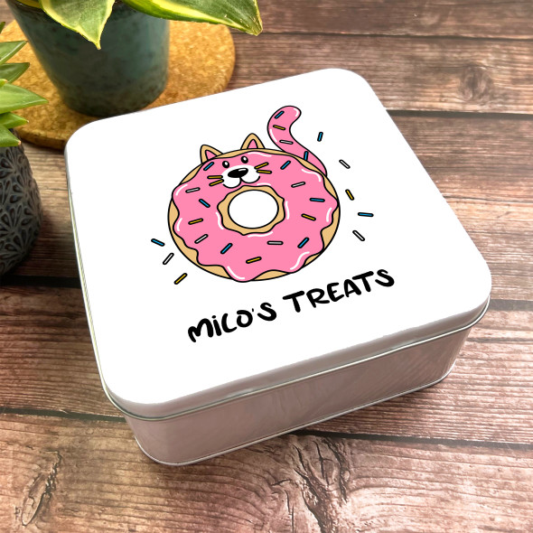 Square Funny Doughnut Cat Pink Personalised Pet Treat Tin