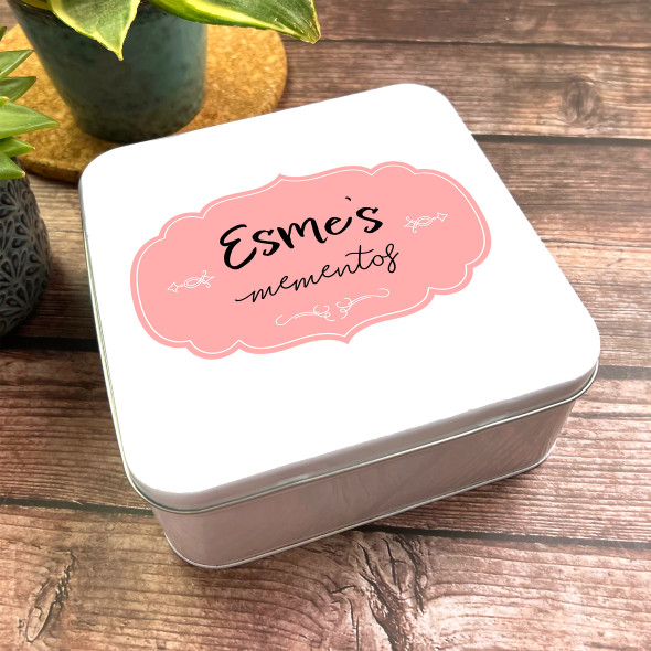 Square Pink Label Simple Minimal Stuff Personalised Storage Mementos Tin