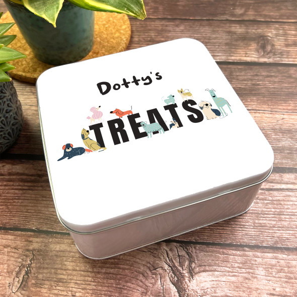 Square Treats Colourful Funny Dogs Personalised Pet Treat Biscuit Tin