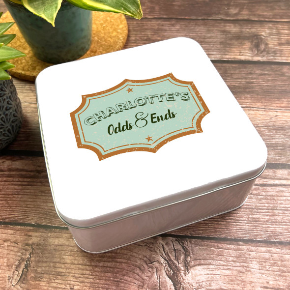 Square Vintage Odds & Ends Green Gold Bits & Bobs Personalised Storage Tin