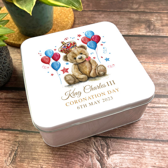 Square Watercolour Teddy Bear Balloons King Charles III Coronation Souvenir Tin